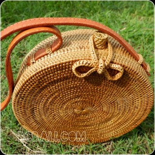 rattan hand woven ata handbag full handmade circle short handle leather